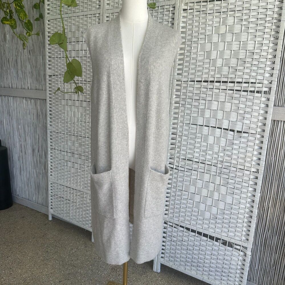 Max Studio Women's L Wool Blend Heather Gray Open-Front Long Duster Sweater Vest